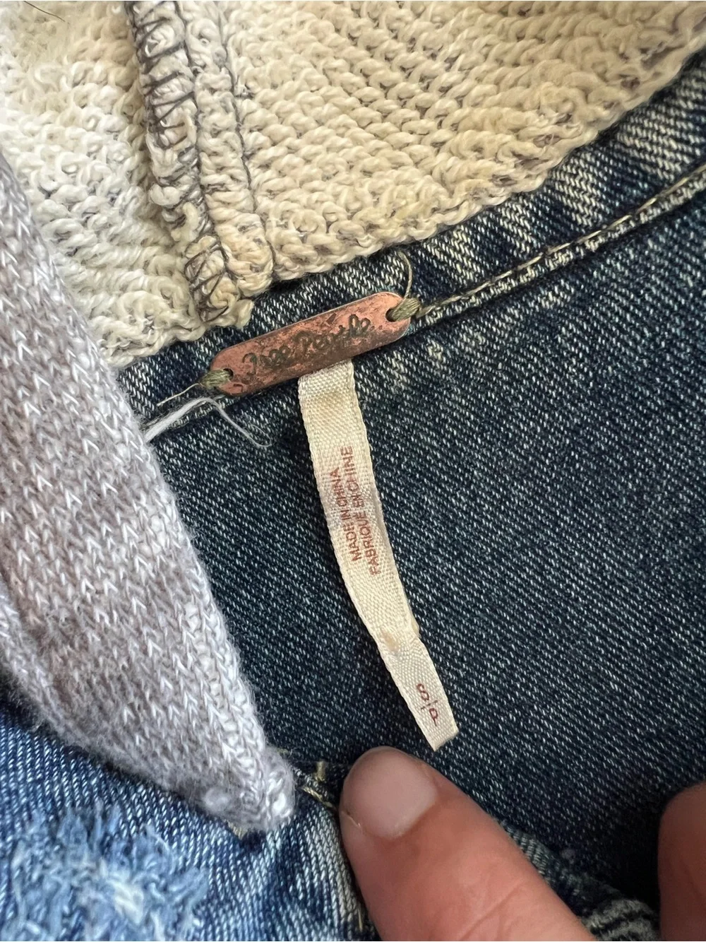 Free People | Distressed Knit Sleeve Denim Jacket S Grunge Hooded Streetwear - Picture 11 of 14